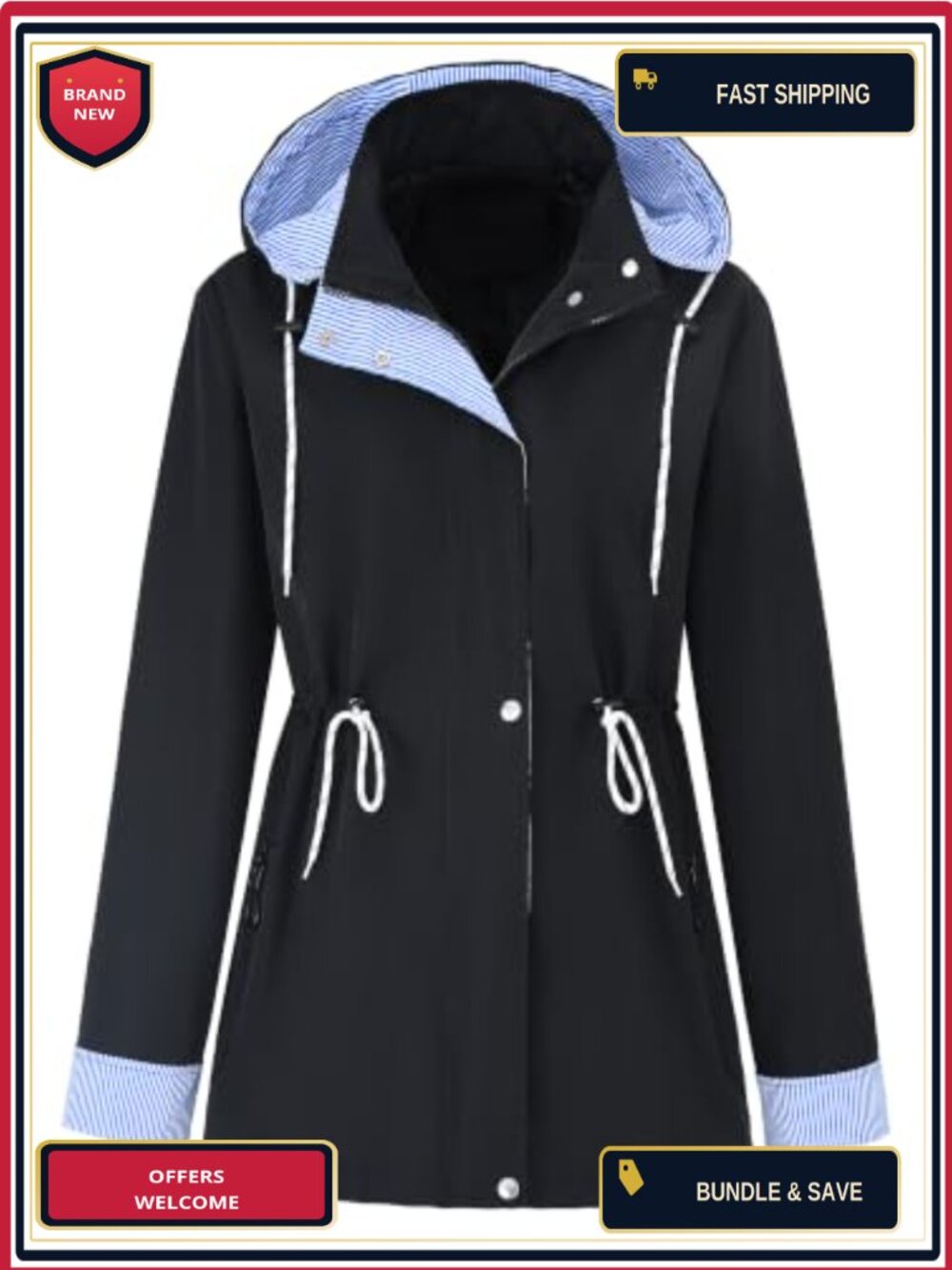 Mid-Length Hooded Wind Coat with Striped Lining